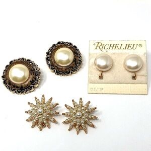 3 pairs of vintage pearl clip on earrings